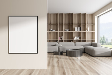 Front view on bright living room interior with empty poster