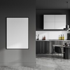 Front view on dark kitchen room interior with empty poster