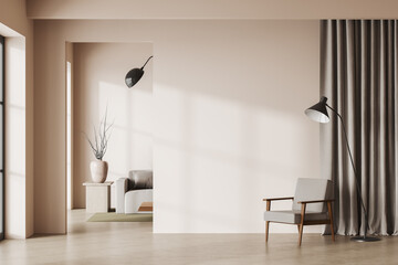 Light relaxing room interior with sofa and armchair, mockup wall