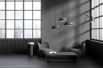 Grey relaxing room interior with two seats and coffee table, panoramic window