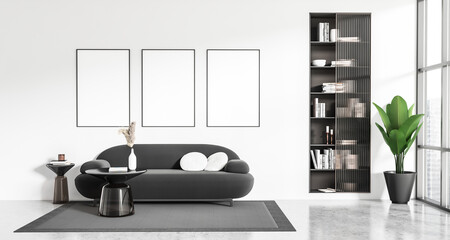 Light chill interior with couch and decoration, window and mockup frames