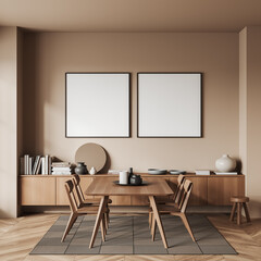 Beige living room interior with table, drawer and decoration. Mockup frames