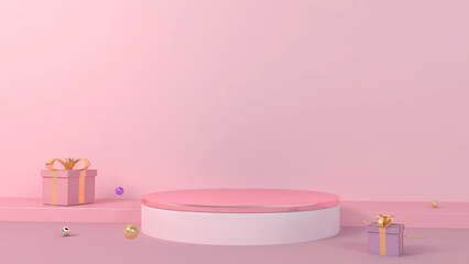 Naklejka na ściany i meble Pink product podium 3d rendering with gift