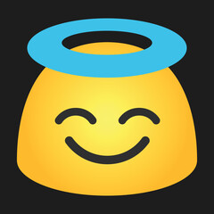 Smiling Face with Halo vector emoji. Isolated yellow face with smiling eyes, closed smile, and halo angel blue overhead sign design. 