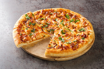 Chicken BBQ pizza made of pieces of chicken with a spicy sauce with toppings of onions, mozzarella...