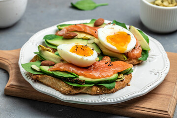 Toast salmon, avocado, cheese, egg, spinach, nuts and coffee, Healthy fats, clean eating for weight loss. Ketogenic diet breakfast. top view