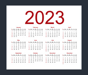 Calendar template for 2023 year. Week starts from Sunday. Isolated vector illustration on white background.