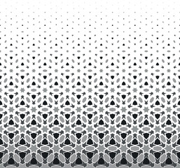 Geometric pattern of black and grey figures on a white background. Seamless in one direction.SCALE method