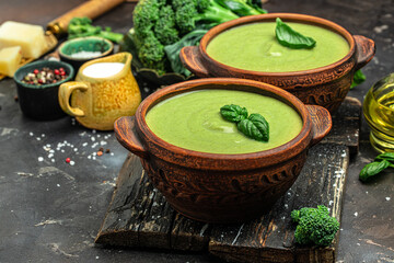 Healthy broccoli green cream soup, Diet detox food concept, banner, menu, recipe place for text, top view