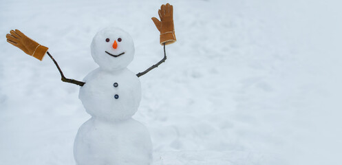 Greeting snowman. Cute snowmen in Christmas banner. Happy winter time. Funny snowman.