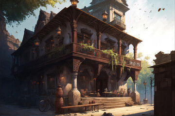 AI generated image of an ancient Indian tavern in a medieval Indian city	
 - obrazy, fototapety, plakaty