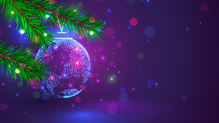 Merry Christmas and Happy New Year card in computer technology style. Globe in shape Christmas ball decoration on christmas tree close up. New tech Digital internet communication congratulation card.