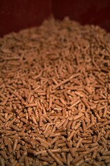 Detailed shot of wood pellets. Alternative eco fuel is made from renewable timber wood for the heating house.