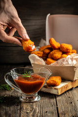 Close-up of the hands holding home made tasty Chicken nuggets and sauce in paper box on a wooden background. American food concept. fast food meal