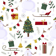 Christmas seamles pattern with tree, santa, decoration, gifts. Christmas seamless pattern perfect for textile, wrap and wallpaper and design.