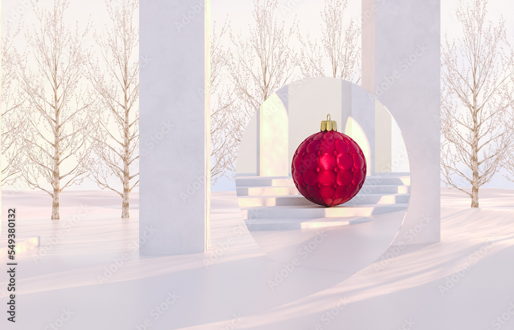 Poster winter christmas scene with geometrical forms, arch with a podium in natural day light. 3d rendering