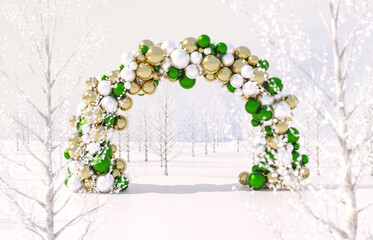 Winter Christmas scene with geometric sphere arch. 3d rendering background.