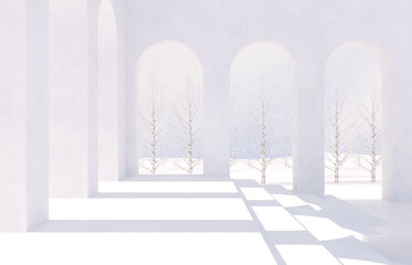 Winter Christmas scene with geometrical forms, arch with a podium in natural day light. 3D rendering background.
