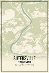 Retro US city map of Sutersville, Pennsylvania. Vintage street map.
