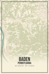 Retro US city map of Baden, Pennsylvania. Vintage street map.