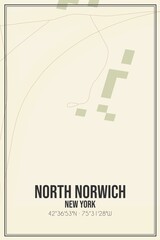 Retro US city map of North Norwich, New York. Vintage street map.
