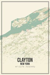 Retro US city map of Clayton, New York. Vintage street map.
