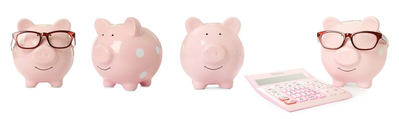 Set with piggy banks on white background. Banner design