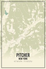 Retro US city map of Pitcher, New York. Vintage street map.