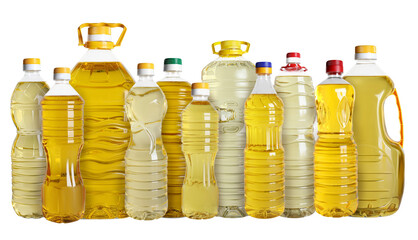 Set with different bottles of cooking oils on white background