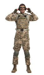 Soldier in Ukrainian military uniform, tactical goggles and headphones on white background