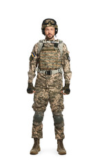 Soldier in Ukrainian military uniform with tactical goggles and headphones on white background