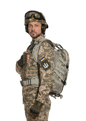 Soldier in Ukrainian military uniform with tactical goggles and backpack on white background