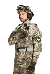 Soldier in Ukrainian military uniform with tactical goggles on white background