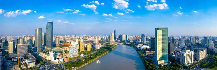 Fototapeta premium Urban Environment of Yuyao River Section at Sanjiangkou, Ningbo, Zhejiang Province, China
