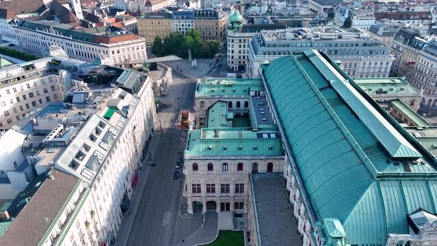 Aerial view of famous Vienna Opera house (Wiener Staatsoper) and the Art Gallery museum in historic center of city - landscape panorama of Austria from above, Europe