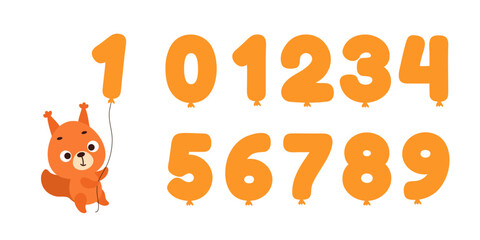 Cute little squirrel flying on balloon number on white background. Cartoon animal character for kids t-shirt, nursery decoration, baby shower, greeting card, house interior. Vector stock illustration © Jexy