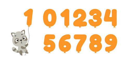 Cute little raccoon flying on balloon number on white background. Cartoon animal character for kids t-shirt, nursery decoration, baby shower, greeting card, house interior. Vector stock illustration © Jexy