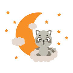 Cute little raccoon sitting on cloud. Cartoon animal character for kids t-shirt, nursery decoration, baby shower, greeting cards, invitations, house interior. Vector stock illustration