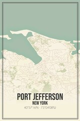 Retro US city map of Port Jefferson, New York. Vintage street map.