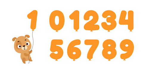 Cute little dog flying on balloon number on white background. Cartoon animal character for kids t-shirt, nursery decoration, baby shower, greeting card, house interior. Vector stock illustration © Jexy