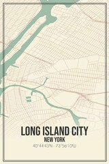 Retro US city map of Long Island City, New York. Vintage street map.