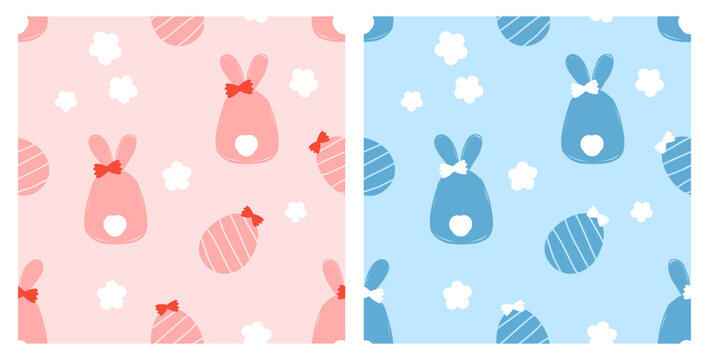 Seamless pattern with rabbit cartoons and daisy flower on blue background vector. Cute childish print.