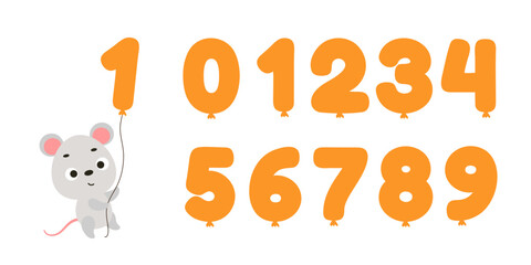 Cute little mouse flying on balloon number on white background. Cartoon animal character for kids t-shirt, nursery decoration, baby shower, greeting card, house interior. Vector stock illustration © Jexy