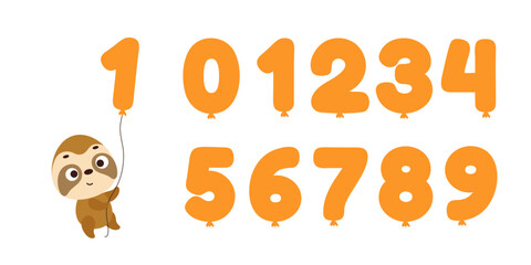 Cute little sloth flying on balloon number on white background. Cartoon animal character for kids t-shirt, nursery decoration, baby shower, greeting card, house interior. Vector stock illustration © Jexy