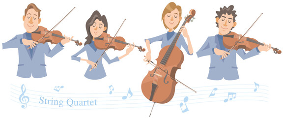 String quartet performing on isolated white background. First violin, second violin, cello, viola. Vector illustration in flat cartoon style.