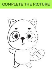 Complete drawn picture of cute raccoon. Coloring book. Dot copy game. Handwriting practice, drawing skills training. Education developing printable worksheet. Activity page. Vector illustration