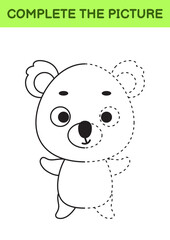 Complete drawn picture of cute koala. Coloring book. Dot copy game. Handwriting practice, drawing skills training. Education developing printable worksheet. Activity page. Vector illustration