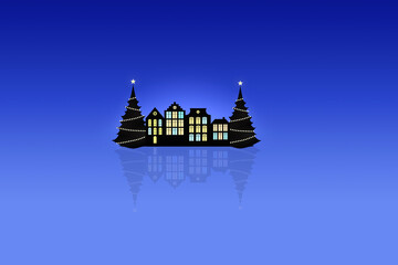 christmas scenery with paper cut silhouettes of old town houses and christmas trees at night