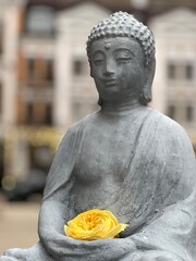 Buddha statue with yellow rose flower.
