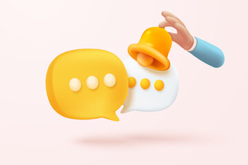 3D minimal notification bell icon with bubble speech floating around on pastel background. new alert concept for social media element. 3d bell alarm icon for message vector render illustration - obrazy, fototapety, plakaty